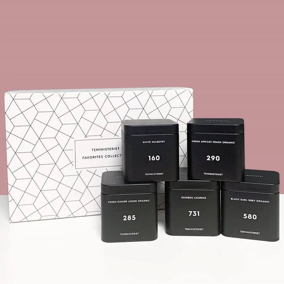 Et bilde som viser hvilke tevarianter som følger med i Favorites Collection fra Teministeriet.