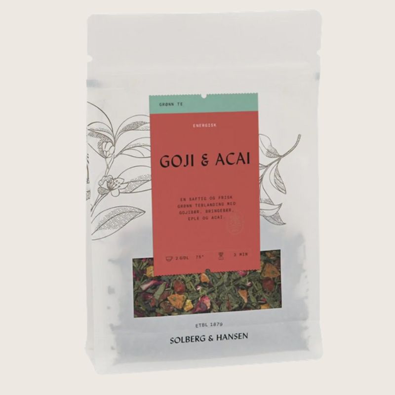 En saftig og frisk grønn teblanding med gojibær, bringebær, eple og acai.