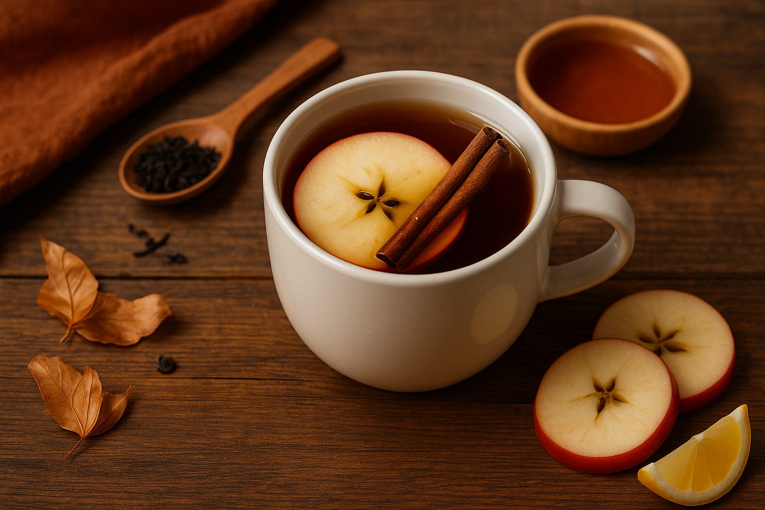 Illustrasjonsbilde av hjemmelaget høst-te med eple og kanel.