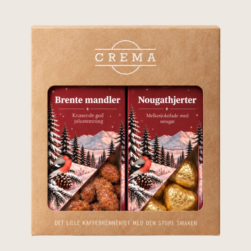 Gavepakke Julegodt fra Crema med brente mandler og belgiske sjokoladehjerter med nougatfyll.