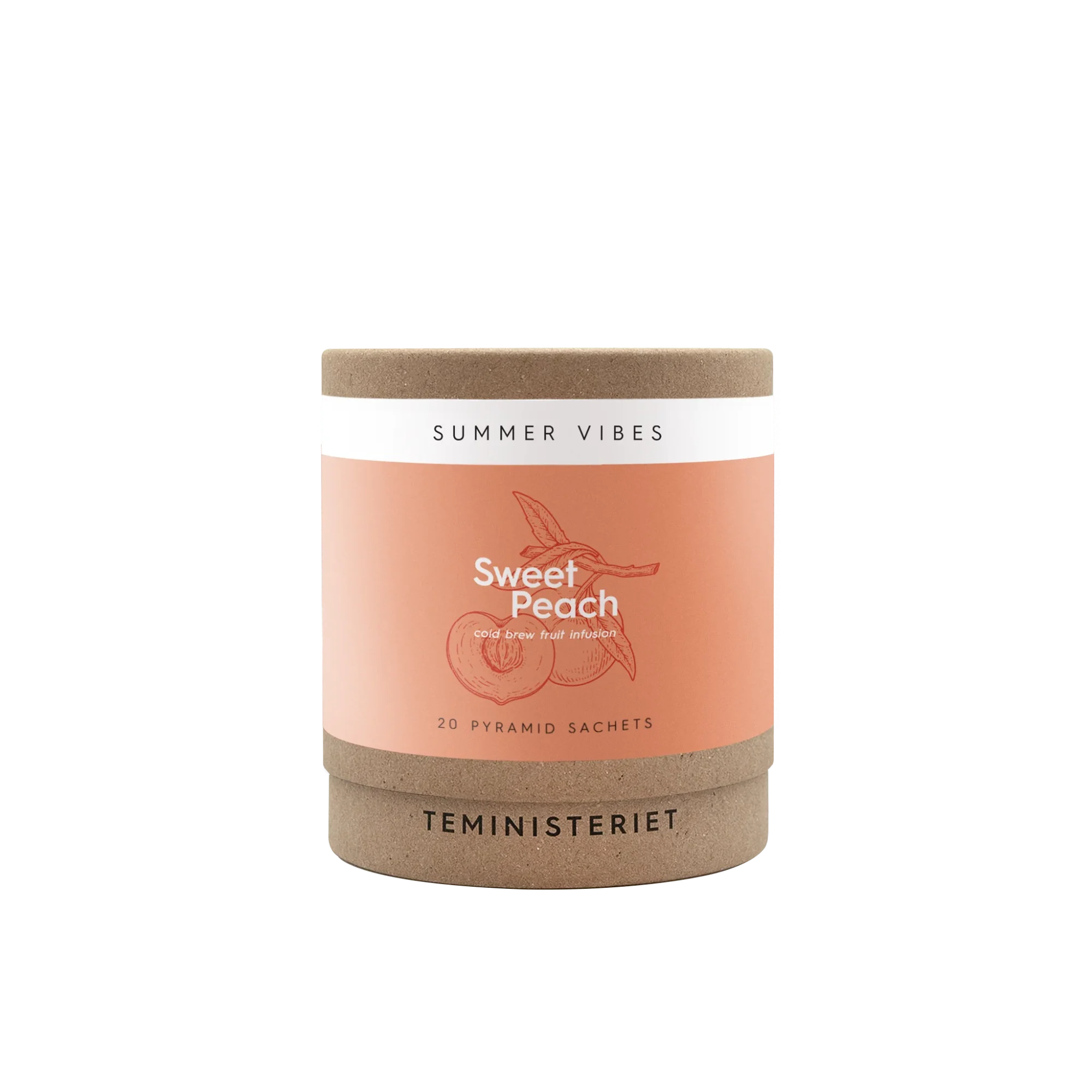 Summer Vibes Sweet Peach er en frisk og fruktig ferskente fra Teministeriet. Kan brygges kald som iste i stille eller kullsyreholdig vann, eller varm som fruktte. 20 pyramidposer.
