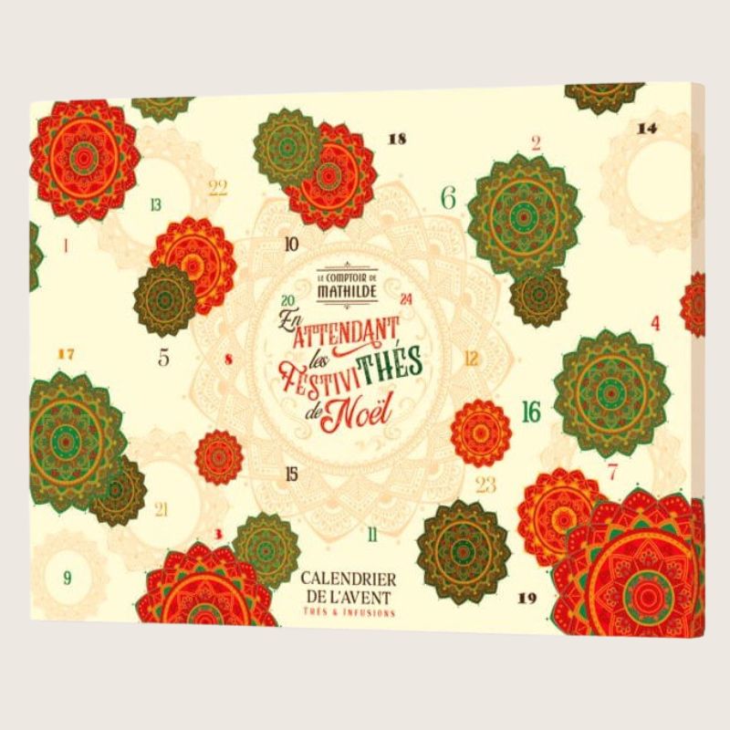 Mathilde te-adventskalender med 24 luker og ulike sorter svart te, grønn te, rooibos og fruktinfusjoner.